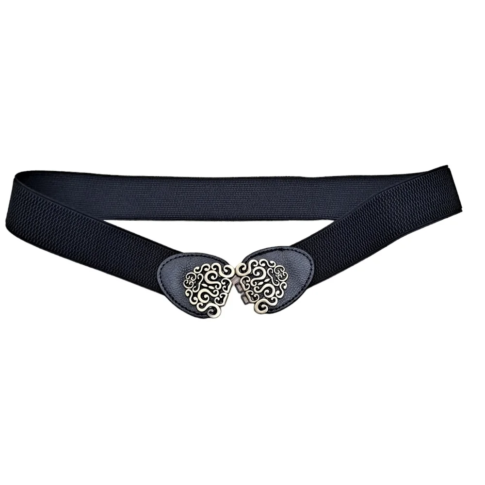 Black gold floral buckle faux leather corset boho stretch waist statement belt
